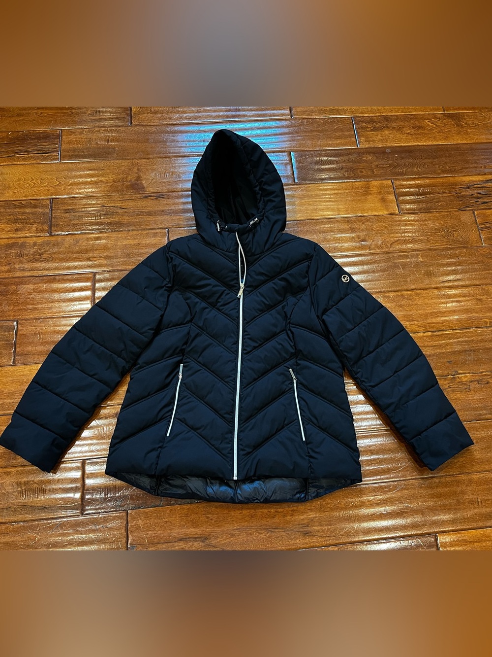 Michael Kors Black Hooded Chevron Quilted Puffer Jacket